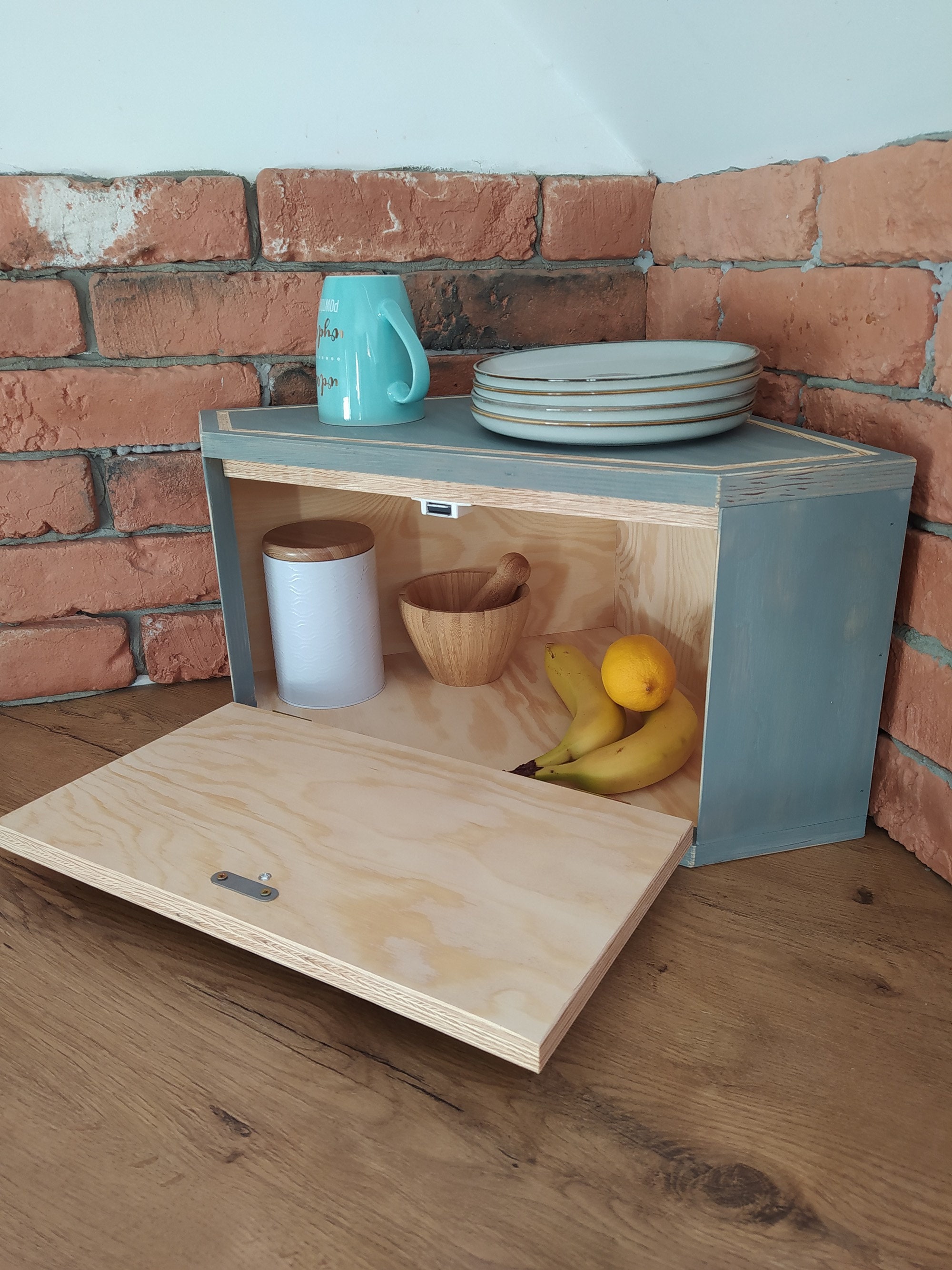 Corner Farmhouse Breadbox in Grey Cupboard Bread Box in Etsy