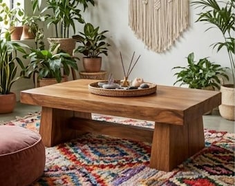 Solid Wood Coffee Table – Handmade Rustic Low Center Table, Modern Minimalist Living Room Furniture