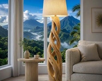 Lampadaire en bois torsadé - Lampe sur pied sculpturale naturelle, décoration d'intérieur organique rustique faite à la main
