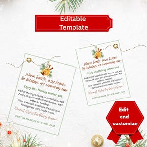 Può includere: Un modello festivo per le vacanze con il testo "Modello modificabile" e "Modifica e personalizza". Vengono visualizzate due schede con testo su una pentola per stufare le vacanze, insieme alle decorazioni natalizie.