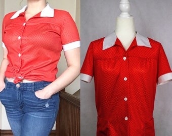 Vintage 1970s Red Polka Dot Alaten of New York Smock Top