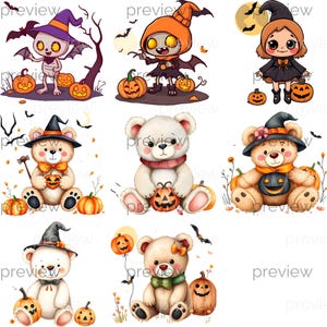 May include: A selection of Halloween-themed illustrations showcasing cartoon characters and teddy bears. The characters include a skeleton bat, a zombie, and a witch. The teddy bears are wearing witch hats and holding jack-o'-lanterns. Pumpkins and bats are also featured.