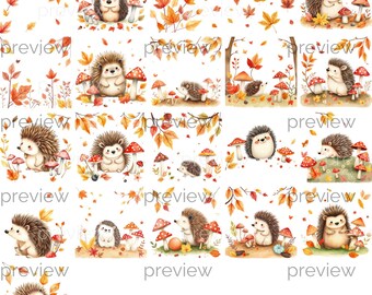 Whimsical Hedgehog Clipart: Autumn Leaves & Mushrooms (Digital Download)