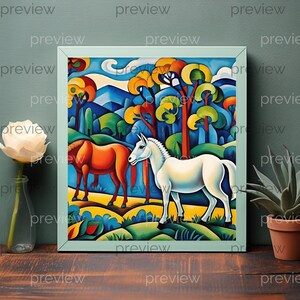 May include: A framed art print featuring a colorful, stylized landscape with two horses. One horse is white, the other is orange. The background includes trees, hills, and a blue sky. The artwork is in a mint green frame.