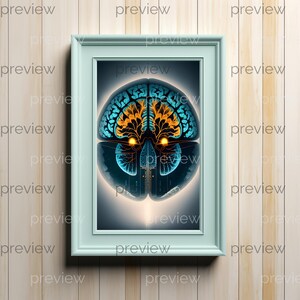 May include: Framed art print depicting a stylized brain illustration. The artwork features a teal and orange brain design with glowing elements, set against a dark background. The frame is a light teal colour.