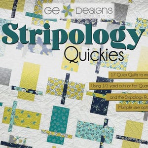 May include: A white quilt with a geometric pattern of rectangles and stripes in shades of yellow, teal, gray, and navy blue. The quilt features the text "Stripology Quickies" and mentions "17 Quick Quilts to make".