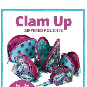 May include: An image showcasing various zippered pouches in different sizes and patterns. The pouches feature a teal and pink color scheme with floral and polka dot designs. The text "Clam Up" and "Zipped Pouches" is visible.