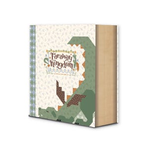 May include: A hardcover book titled "Faraway Kingdom" with a whimsical design. The cover features a green dragon illustration, a light beige background with a repeating pattern, and text in a decorative font. The spine is a light brown color.