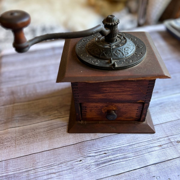 Antique COFFEE GRINDER with Cast Iron Handle and Grinder with Wood Bottom with Dovetail Construction