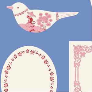 May include: A whimsical illustration featuring a white bird with pink accents and a detailed interior scene. The bird is set against a blue backdrop, with additional decorative elements including a floral border and corner design.