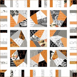 May include: A patchwork quilt with a repeating pattern of squares. Each square features a collage of orange, black, gray, and white fabrics with vintage-style illustrations and text. The quilt has a white border.