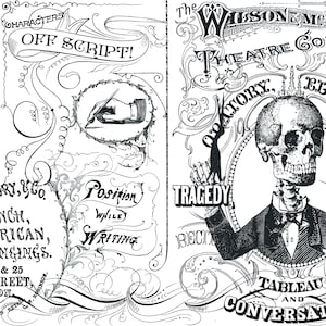 May include: Black and white vintage theatrical poster with ornate scrollwork and text. Features a skeleton in a suit, the words "TRAGEDY", "TABLEAU AND CONVERSATION", and "OFF SCRIPT!"