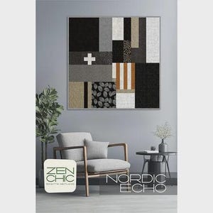 May include: Abstract wall art with a geometric design in black, white, gray, and tan. The artwork features a white cross and various patterns. The image also shows a gray armchair, a small side table, and a plant. The text "ZEN CHIC" and "NORDIC ECHO" are visible.