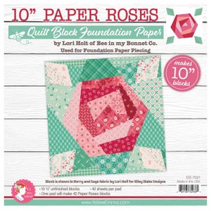 May include: A paper pad for quilt block foundation, featuring a 10-inch paper rose design. The pad includes 42 sheets for foundation paper piecing. The design is by Lori Holt of Bee in my Bonnet Co. and is shown in Berry and Sage fabric.