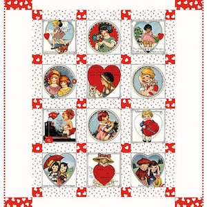 May include: A Valentine's Day themed quilt featuring vintage illustrations of children and hearts. The quilt has a white background with red heart accents and a red border. Each square showcases a different image with text.