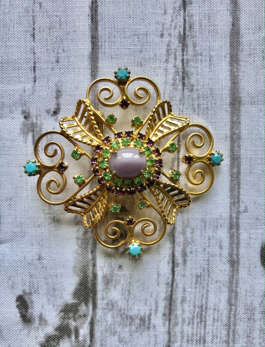 Vintage Brooch Brass 1970s Gold Tone Pin With Faux Jewels - Etsy