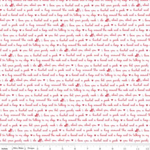 May include: White fabric with a repeating pattern of red text and small butterfly illustrations. The text includes phrases like "I love you a bushel and a peck" and "a hug around the neck". The fabric is 12 inches wide.