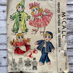 Dolls and Clothes Pattern McCalls 1502, Sock Dolls, Four Designs with Transfers, 1950