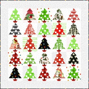 May include: A patchwork quilt featuring a grid of Christmas trees in various patterns and colors. The trees are in shades of green, red, and black, with polka dots, stripes, and plaid designs. Each tree sits in a brown pot against a white background.