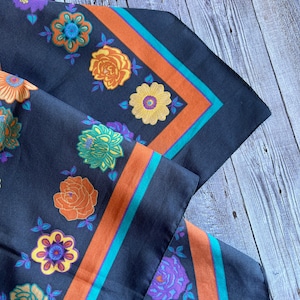 Silk Square Scarf, Flowers on Blue Italian Scarf