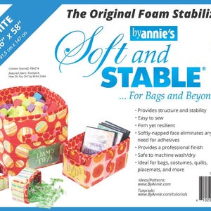 May include: White Soft and Stable foam stabilizer by Annie's, 36" x 58". The product is for bags and beyond. The image shows a red fabric box with white polka dots, filled with colorful foam shapes, and smaller boxes.