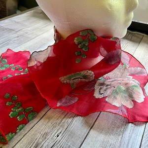 Red Floral Scarf, Vintage Scarf, Rectangular 11 inches by 31 inches