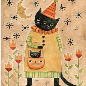 May include: A black cat wearing a striped party hat and a yellow tunic with a ruffled collar holds an orange jack-o'-lantern bucket containing a smaller black cat. The scene includes a crescent moon, black star symbols, and orange tulips.