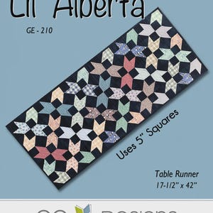 May include: Lil' Alberta table runner pattern featuring a geometric design with 5-inch squares. The runner is 17.5 inches by 42 inches. The design includes various pastel colors on a dark background. The text "GE Designs Iceland" is at the bottom.