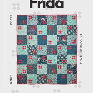 May include: A quilt pattern titled "Frida" with a patchwork design in teal, navy, and floral prints. The pattern is "Fat Quarter Friendly" and includes 6 sizes. The text "Stripology Ruler Pattern" and "GE Designs Iceland" are also visible.