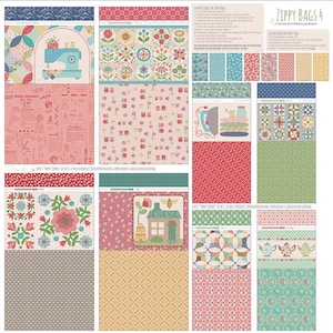 May include: A collection of fabric panels with various patterns and designs. The panels feature floral motifs, sewing machine illustrations, and patchwork designs. Colors include pink, blue, green, and yellow. The text "Zippy Bags 4" is visible.