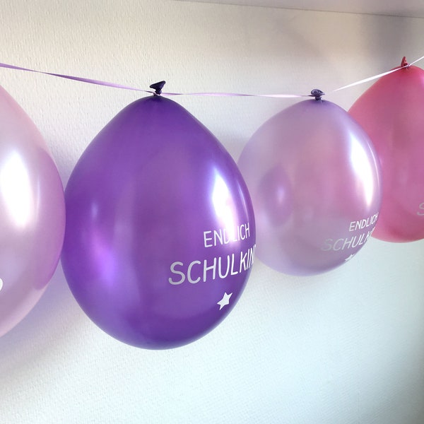 6 balloons finally school child head print purple/pink