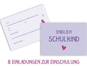 8 x Endlich Schulkind Einladung Postkarte lila