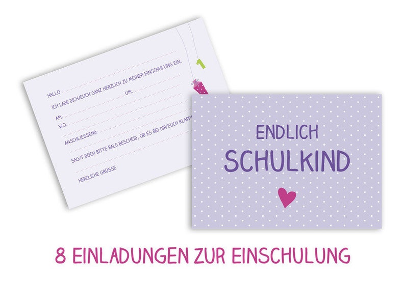 8 x Endlich Schulkind Einladung Postkarte lila Bild 1