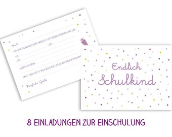 8 Endlich Schulkind Einladungen Konfetti pink lila