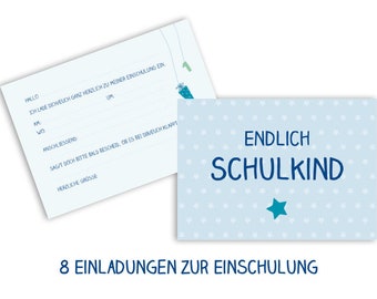 8 Endlich Schulkind Einladungen mit Sternen blau