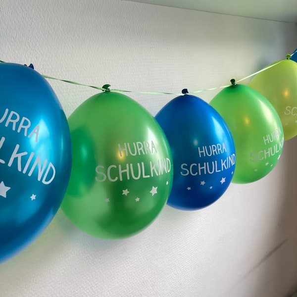 6 Ballons Hurra Schulkind Kopfdruck grün/blau