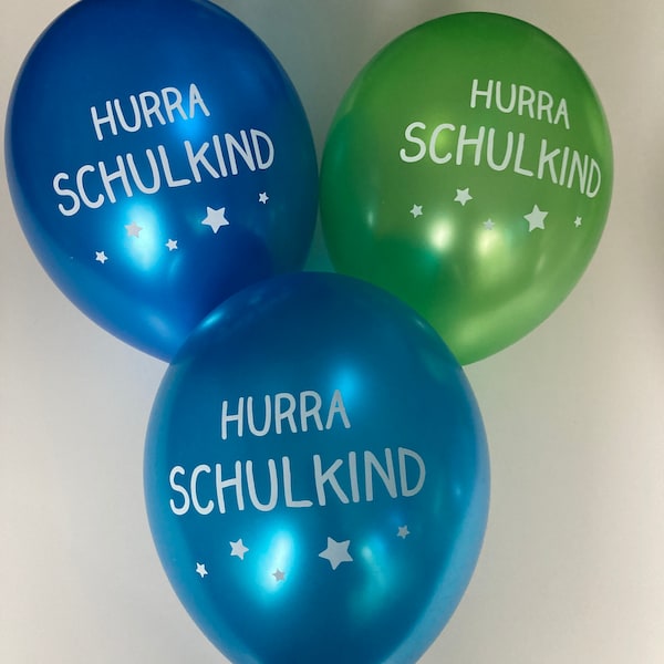 6 Ballons metallic Hurra Schulkind grün/blau