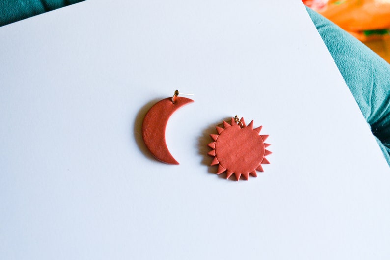 Handmade Clay Earrings Polymer Clay Jewelry The Soleil Earrings in Burnt Orange Moon Earrings Celestial Unique Earrings Sun Earrings