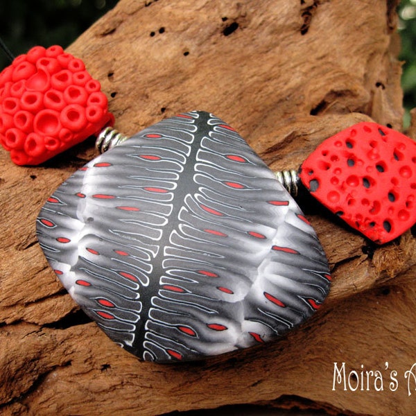 Red, black and white statement necklace, tribal & organic motifs necklace, polymer clay jewelry, gifts for her, Valentines gifts