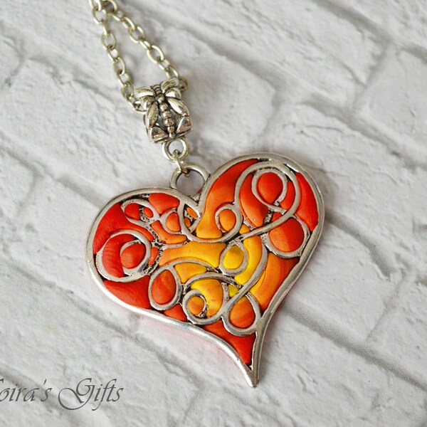 Heart on fire necklace - Valentines gifts - Love pendant - Polymer clay jewelry - Romantic jewelry - Red heart pendant