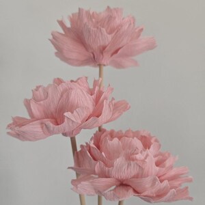Pode incluir: Três flores de papel rosa claro com pétalas texturizadas e caules de madeira são exibidas contra um fundo branco liso. As flores estão em plena floração, mostrando sua delicada construção em camadas. A estética geral é suave e elegante.