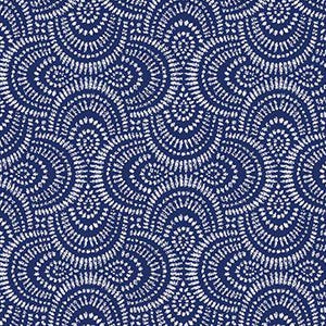 May include: A seamless pattern featuring a repeating design of white, dotted, semi-circular shapes against a deep blue background. The pattern creates a textured, wave-like effect, suitable for fabric or wallpaper.