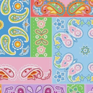 May include: A colorful patchwork fabric with a paisley pattern in shades of blue, pink, green, and orange. The fabric is made up of several squares, each with a different paisley design.