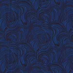 May include: A seamless fabric pattern in shades of blue, featuring a swirling, abstract design. The dark blue background is overlaid with lighter blue and black, creating a textured, flowing effect. The pattern is suitable for various craft and design projects.