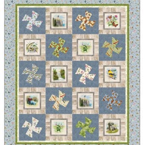 May include: A quilt pattern featuring pinwheel designs and framed panel squares. The quilt has a blue and green floral border, with squares containing various images and pinwheel patterns. The text "Twister Sisters Pinwheels & Panels" is at the top.