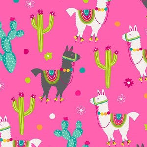 May include: A pink background with a repeating pattern of llamas, cacti, and flowers. The llamas are wearing colorful saddle blankets and have pom-poms on their heads. The cacti are green and have white flowers. The flowers are pink and white.