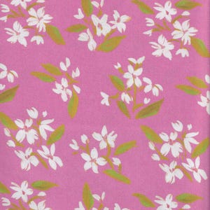 May include: A repeating pattern of white floral clusters with green leaves on a pink background. The flowers have multiple petals and are painted with a brushstroke style. The leaves are elongated and have a yellow-green hue.