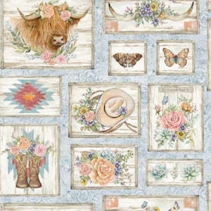 May include: A repeating pattern featuring framed illustrations with a rustic, farmhouse theme. The images include a Highland cow, butterflies, a cowboy hat, and floral arrangements, all set against a light blue background with a wood-like texture.