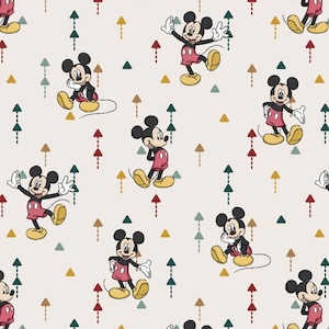 May include: A seamless pattern featuring Mickey Mouse in various poses on a light beige background. The pattern includes small, colorful arrows in red, green, blue, and yellow.