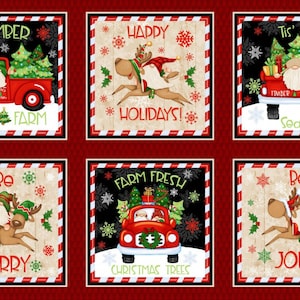 Timber Gnomies Tree Farm by Henry Glass. 301-88. Christmas panel. 6 blocks per 24”panel. Blocks are approx 10.25” square. 100% cotton.